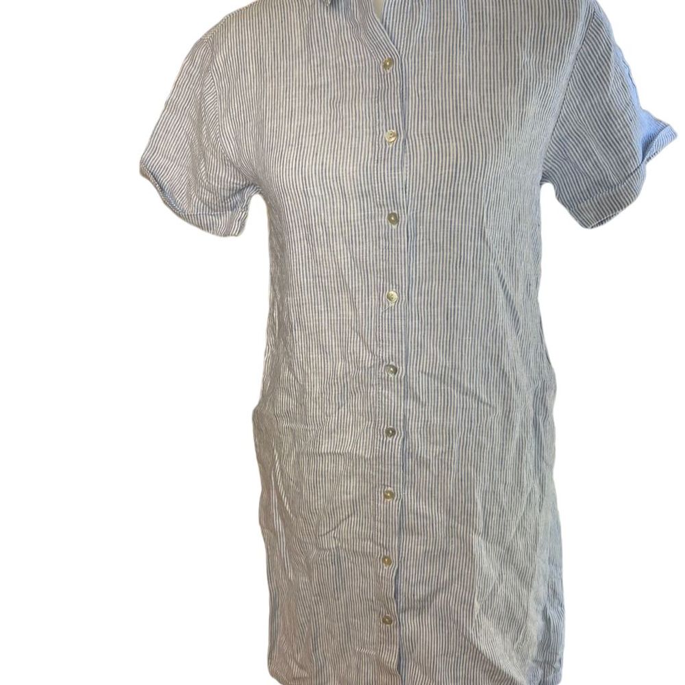 Tahari Women's Linen Mini Shirt Dress Blue White Striped Short Sleeve XS